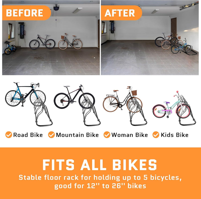 ACELETIQS BIKE STAND FLOOR INDOOR BIKE RACK, 1-5 BIKE - BLACK - Like New