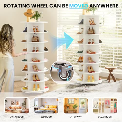 GUJIAM 7 Tier 66.9in Spinning Shoe Rack Tower 360 with Wheels - White - Like New