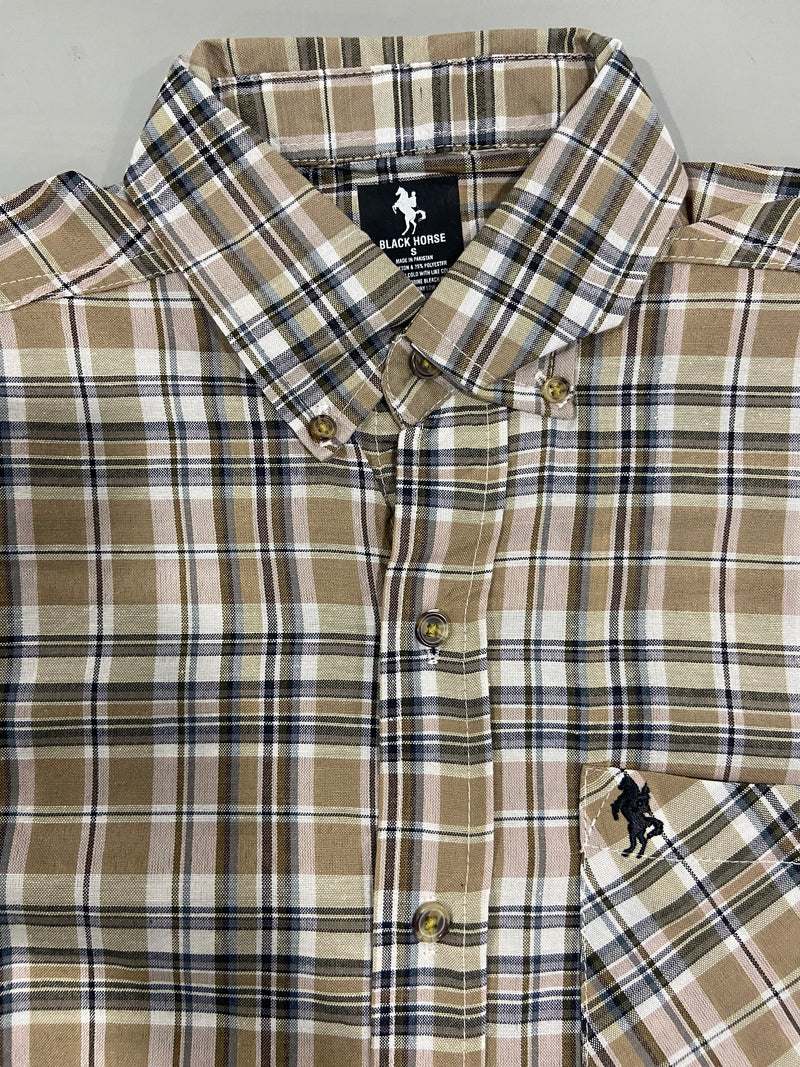 BLACK HORSE MEN'S S/S WOVEN PLAID SHIRT - MENS SMALL - BROWN/BLACK/WHITE/YELLOW - Brand New