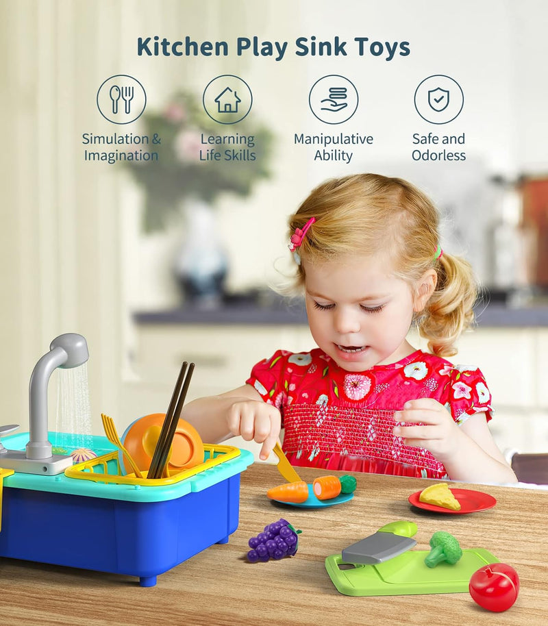 Geyiie Kitchen Play Sink with Running Water, Cutting Food, Accessories - Blue Like New