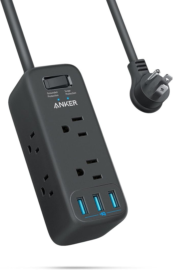 Anker USB Power Strip Surge Protector300J 5ft Extension Cord Flat Plug - Black - Like New