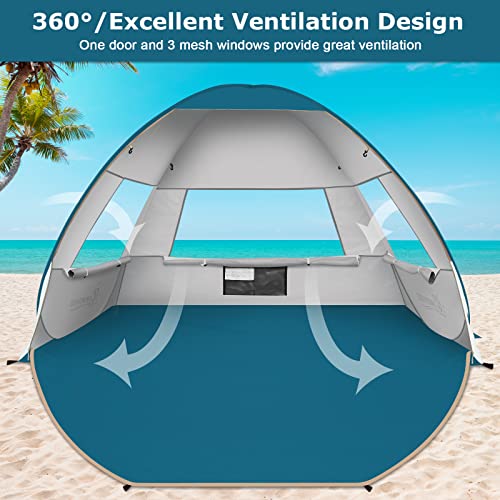 COMMOUDS LARGE POP UP BEACH TENT & UMBRELLA AUTOMATIC SUN SHELTER - SILVER - Like New