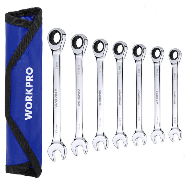 WORKPRO 7-PIECE RATCHETING COMBINATION WRENCH SET 72 TEETH CR-V METRIC 8MM-17MM - Like New