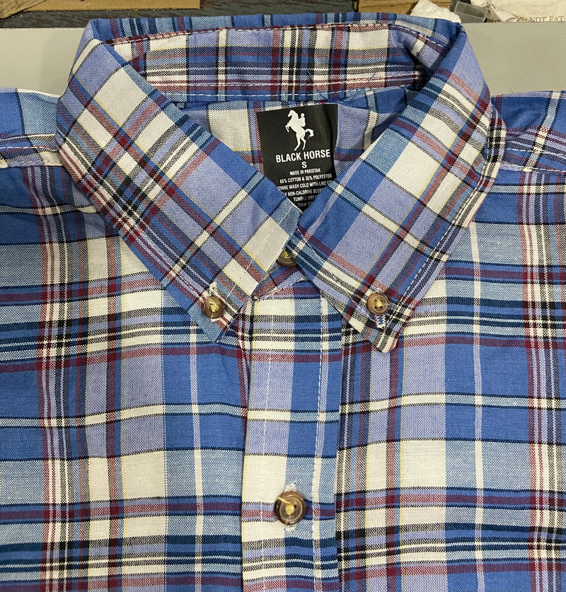 BLACK HORSE MEN'S S/S WOVEN PLAID SHIRT - SMALL - BLUE/RED/WHITE/LIGHT BLUE - Brand New