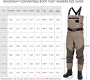 BASSDASH MEN’S BREATHABLE CHEST AND WAIST CONVERTIBLE WADERS - SIZE: L - KHAKI - Like New