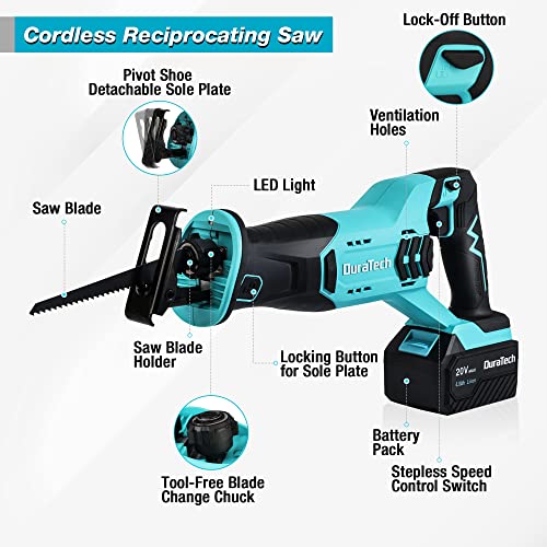 DURATECH CORDLESS RECIPROCATING SAW, 20V 4.0AH LI-ION BATT, DT105035A - BLUE - Like New