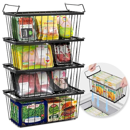 TAFURA FREEZER ORGANIZER BINS 14" Lx 7" W x 6.1 H 4PK STACKABLE BASKETS - BLACK - Like New