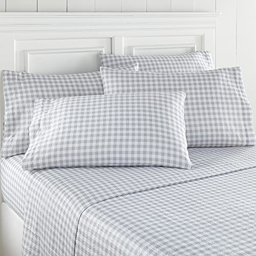 SHAVEL HOME PRODUCTS SEERSUCKER SHEET SET KING GINGHAM GRAY - WHITE/GRAY - Brand New