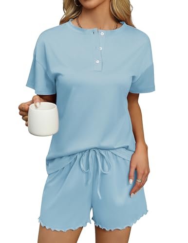 Ekouaer Womens Pajama Sets 2 Piece Pjs Short Sleeve Lounge Set - CLEAR BLUE - XL - Brand New