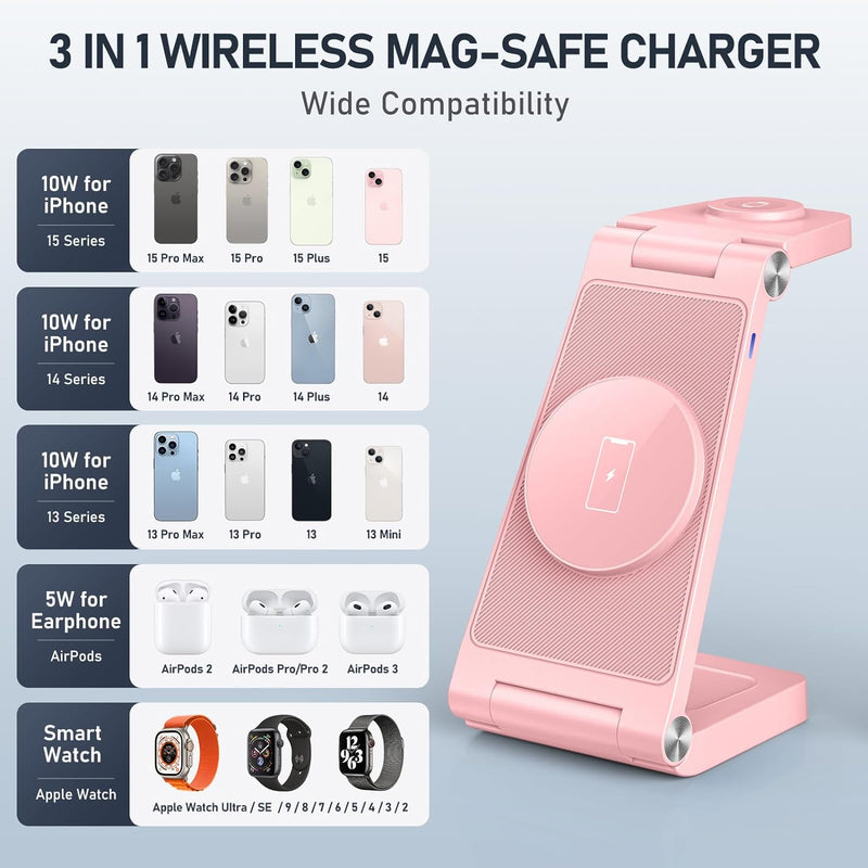 GEJIUCAI 3 in 1 Foldable Wireless Charging Station Travel Charger - PINK Like New