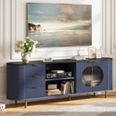 69-inch Curved TV Stand with Wavy Acrylic Doors & Large Storage - Dark Blue - Like New