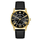 GUESS MEN'S 43MM WATCH BLACK LEATHER STRAP BLACK DIAL GOLD TONE CASE - BLACK - Like New
