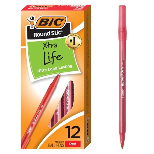 BIC ROUND STIC BALLPOINT PENS, MEDIUM POINT, 1.0 MM, TRANSLUCENT BARREL,12PK - Brand New