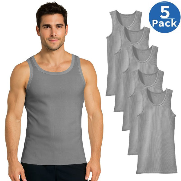 BLU ROCK MEN'S RIBBED CLASSIC TANK TOPS – 5 PACK - SIZE: MEN L - HEATHER GRAY - Brand New