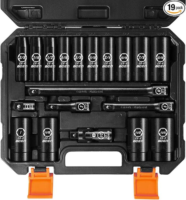 BOEN 19-Piece 1/2" Drive Deep SAE Socket Set 3/8"-1-1/4", Cr-V - Scratch & Dent