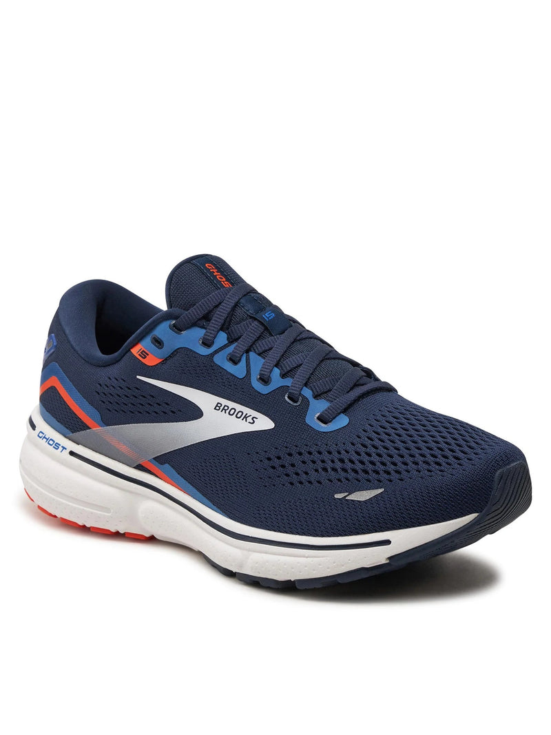BROOKS MEN'S GHOST 15 RUNNING SHOE - PEACOAT/WHITE/ORANGE/SURF THE WEB - SIZE 11 - Like New