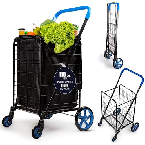 SereneLife Large Folding Utility Shopping Cart with Removable Liner - Blue - Like New