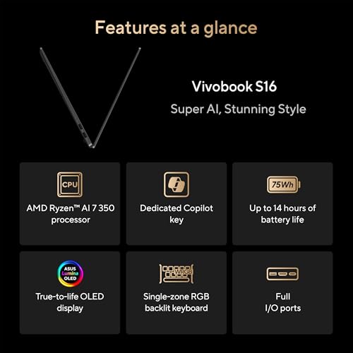 ASUS VIVOBOOK S16, AMD RYZEN AI 7 350 16GB 1TB SSD, M5606KA-DS76 - NEUTRAL BLACK - Like New