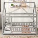 GUBAIAO FULL SIZE PINE WOODEN FLOOR BED WITH HOUSE ROOF FRAME AND FENCE - GREY - Like New
