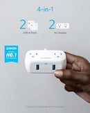 Anker Extension Cord, Mini Power Strip 2 Outlets, 2 USB-A, A9123 - WHITE - Brand New