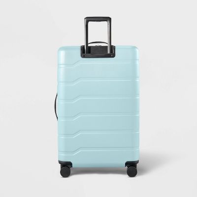 OPEN STORY HARDSIDE LARGE CHECKED SPINNER SUITCASE - MUDDY AQUA - Like New