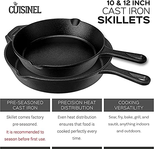 CUISINEL CAST IRON SKILLET WITH LID SET 10” AND 12" PO11033 - BLACK - Like New