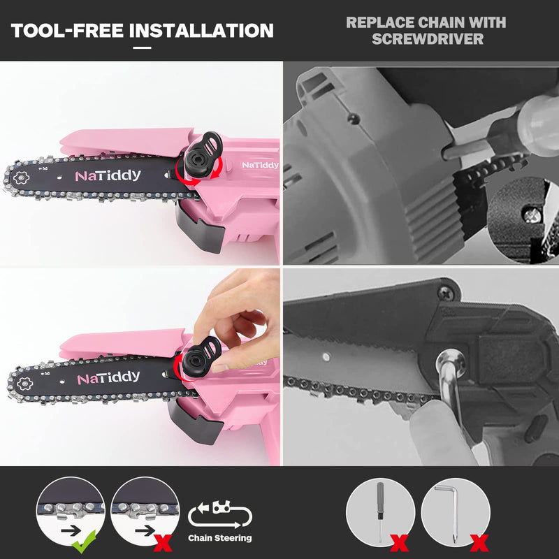 NATIDDY MINI CHAINSAW 6" 21V BATTERY POWERED PORTABLE ONE-HANDED CHAINSAW - PINK - Like New