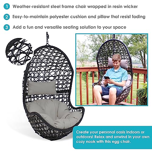 SUNNYDAZE CORDELIA RESIN WICKER HANGING EGG CHAIR AJ-772 - GRAY CUSHIONS - Like New