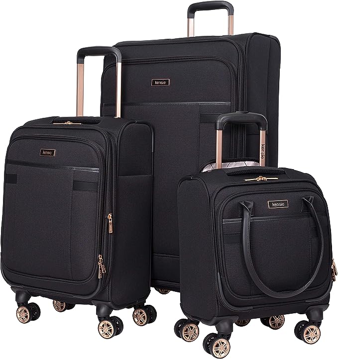 Kensie Hudson Softside 3-Piece Spinner Luggage Set 16/20/28 - Black/Rose Gold Like New