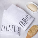 RAE DUNN HAND TOWEL, TWO PACK, 16X28, EMBROIDERED BLESSED/FAMILY - WHITE - Brand New