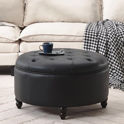 IMMULIZE 30" Ottoman Modern Button Circle Storage Coffee PU Leather - BLACK - Like New