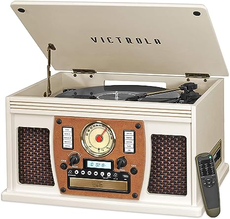 Victrola Wood 8-in-1 Nostalgic Record Player Stereo Speakers VTA-600B WH - White Like New