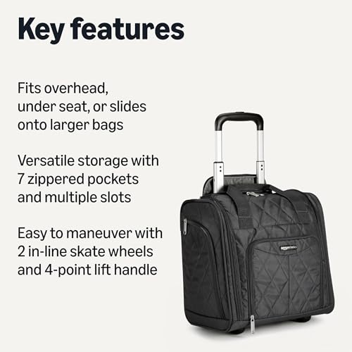 AMAZON Basics Underseat Carry On Luggage Wheels 14" Bag - Black Quilted - Like New