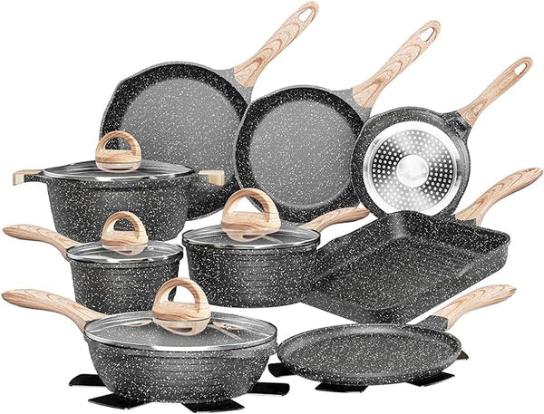 JEETEE Pots Pans Set Nonstick 23pcs Healthy Kitchen Cookware Sets - Gray/Granite Like New