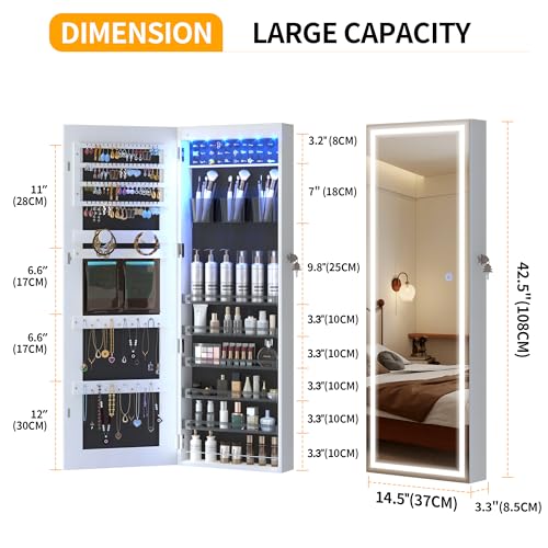LVSOMT LED Mirror Jewelry Cabinet, Wall/Door Mount Jewelry Armoire/Organizer - Like New