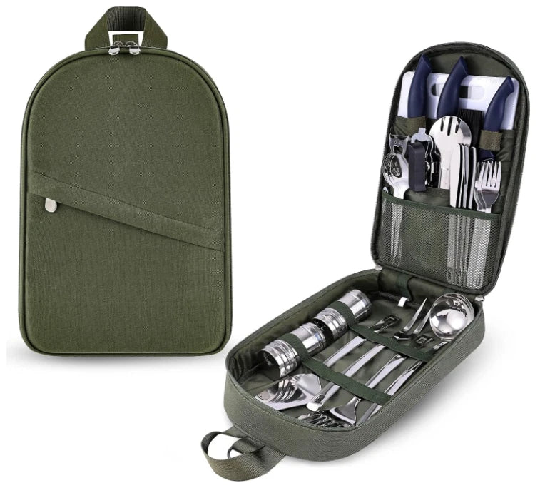 CAMPING EQUIPMENT COOKING UTENSILS SET PORTABLE PICNIC COOKWARE - GREEN - Like New