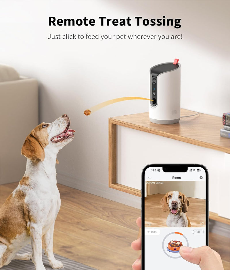 TKENPRO 2K Pet Camera Treat Dispenser, 360°View Dog Camera - White Like New