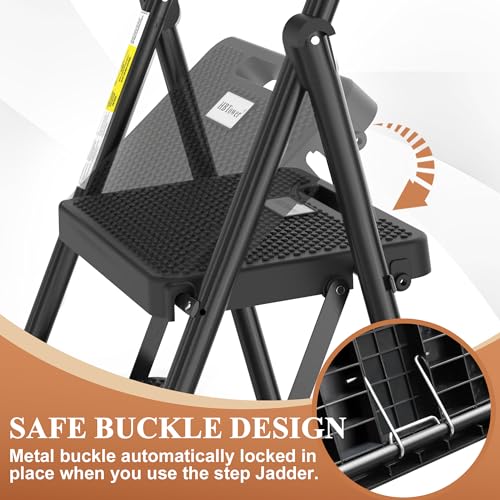 HBTOWER 3 STEP LADDER, FOLDING STEP STOOL, STURDY STEEL LADDER - BLACK - Like New