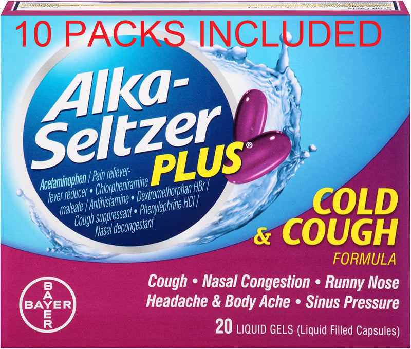 Alka-Seltzer Plus Cold and Cough Liquid Gels 20 Count - 10 Pack (200 Total) - Brand New