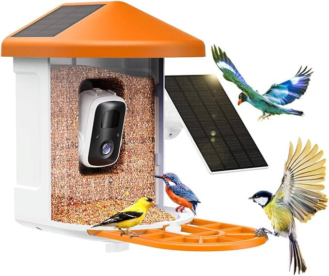 HARYMOR Smart Bird Feeder Camera AI Identify Species Dual Solar Panel - ORANGE Like New