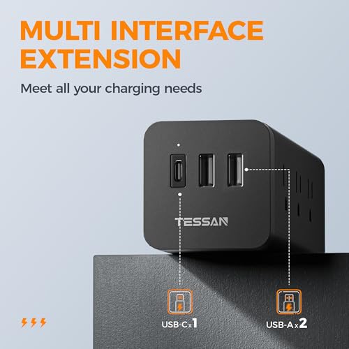 TESSAN SURGE PROTECTOR POWER STRIP, TESSAN 5 FT EXTENSION CORD - BLACK - Like New