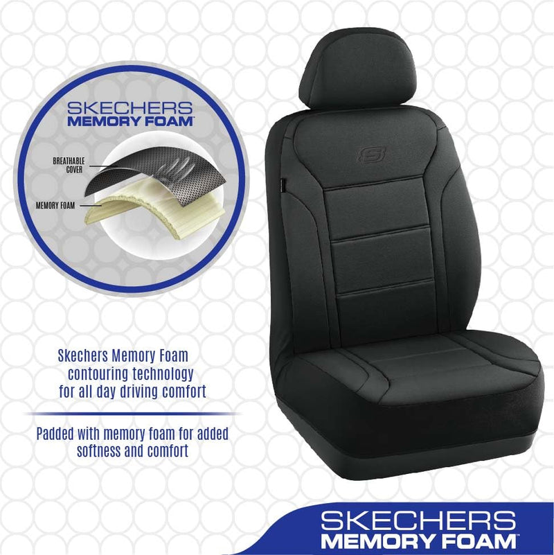 SKECHERS MEMORY FOAM CAR SEAT COVERS, LYCRA, FRONT SEAT PROTECTOR AIRBAG - BLACK - Like New