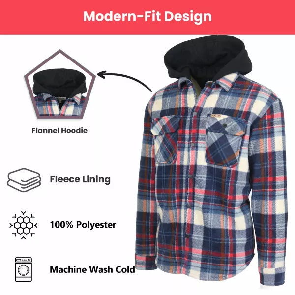 MATIX MEN'S HOODED FLANNEL FAUX SHERLING LINED SHACKET SIZE: MEN L - WHITE/NAVY - Brand New