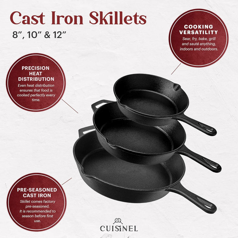 CUISINEL CAST IRON SKILLET SET 8" 10" 12" SILICONE HANDLE GRIP - BLACK Like New