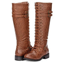 ILLUDE Women's Knee High Boots Lace Up Buckle Military Combat Boot 7.5 - Cognac - Brand New