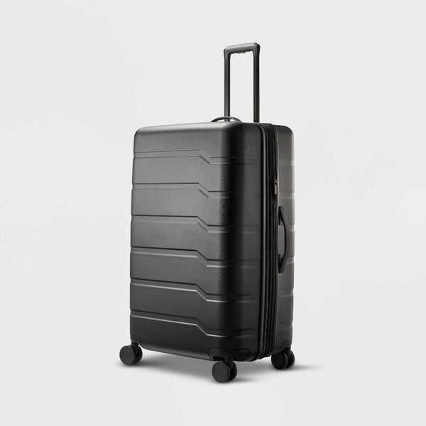 OPEN STORY HARDSIDE LARGE CHECKED SPINNER SUITCASE - BLACK - Like New