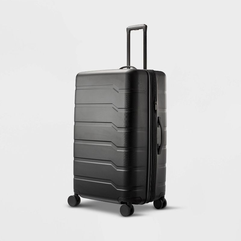 OPEN STORY HARDSIDE LARGE CHECKED SPINNER SUITCASE - BLACK - Like New