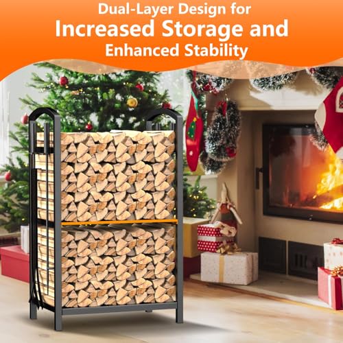 MEOLIGR FIREWOOD RACK INDOOR DOUBLE-LAYER FIREPLACE TOOLS SET BLACK/ORANGE - Like New