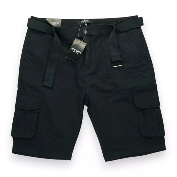 BLU ROCK NEW YORK MENS FLEX STRETCH BELTED CARGO SHORTS - SIZE: MEN 32 - BLACK - Brand New