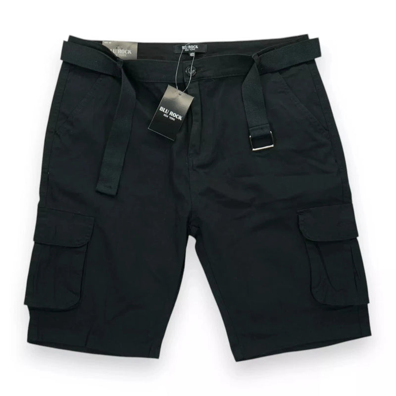 BLU ROCK NEW YORK MENS FLEX STRETCH BELTED CARGO SHORTS - SIZE: MEN 32 - BLACK - Brand New